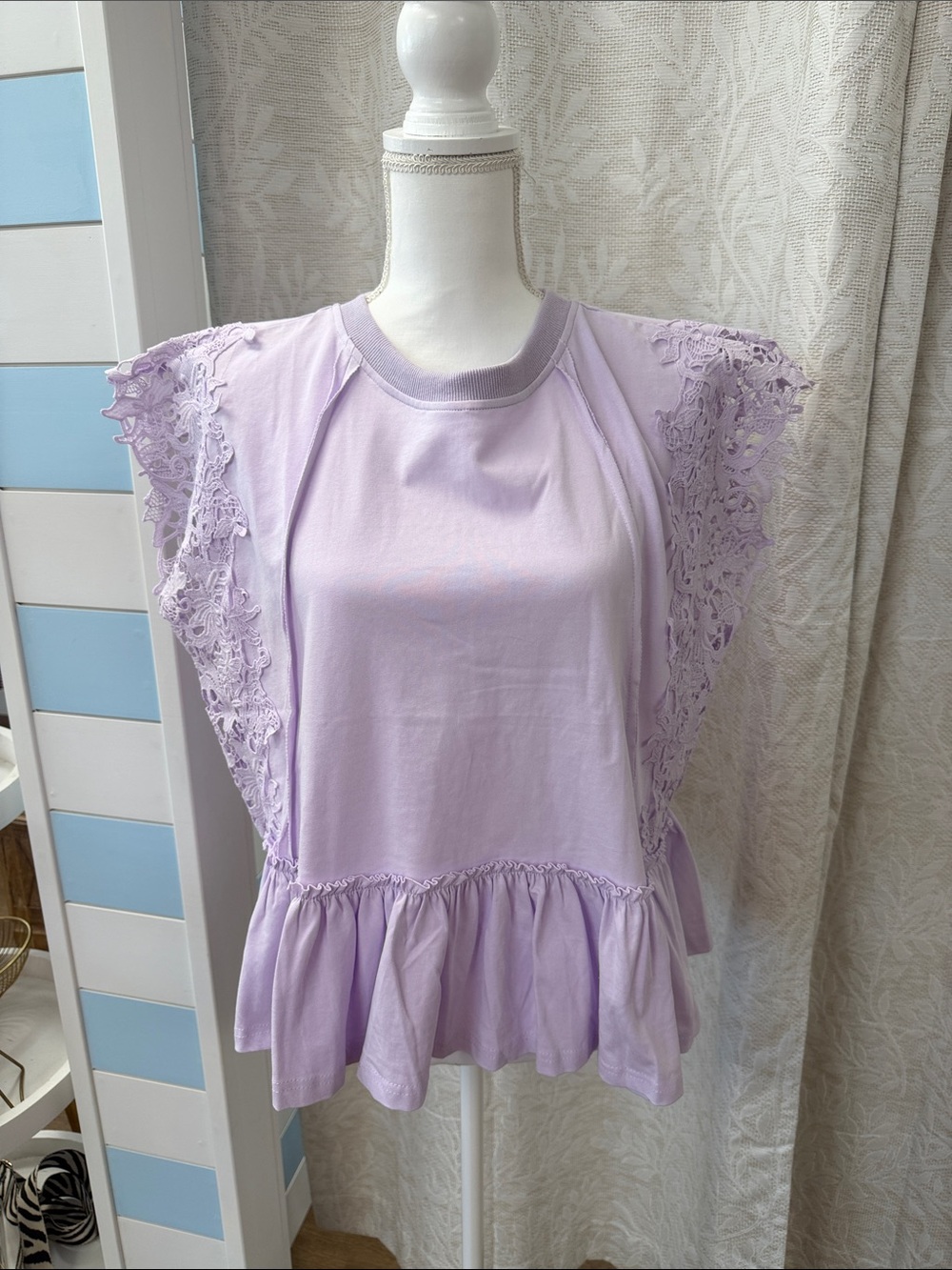 BiBi Lavender Lace Sleeve Peplum Top